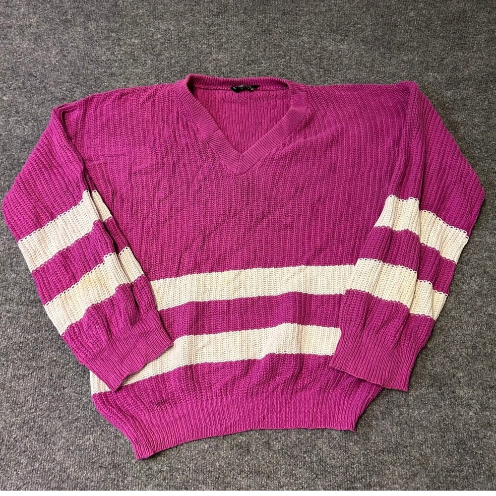 Perrie Ellis Sweater Womens Size M Purple White Striped V-Neck Knit USA Made